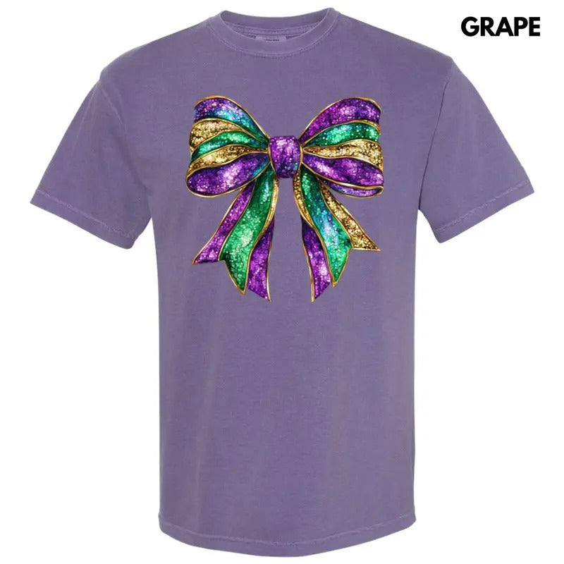 Shimmer Mardi Gras Bow Comfort Colors T-Shirt Hoodie, Sweatshirt | PrintMintTees.com