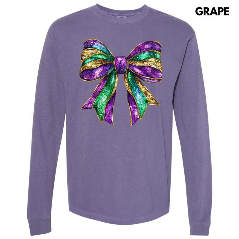 Shimmer Mardi Gras Bow Long Sleeve Comfort Colors T-Shirt Hoodie Sweatshirt | PrintMintTees.com