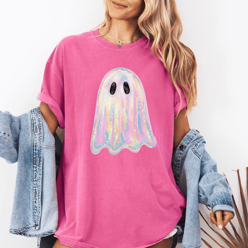 Shimmering Ghost Iridescent Ghost Boo Cute Ghost Faux Glitter Ghost Spooky Season Halloween Comfort Colors Comfort Colors Shirt Hoodie Sweatshirt