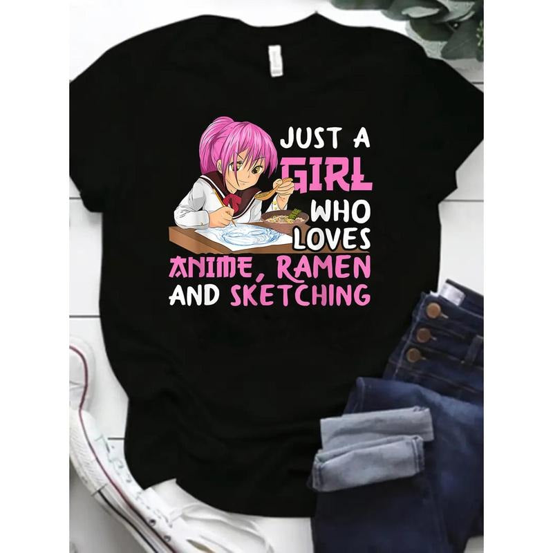 Short Sleeve Anime & Letter Print Crew Neck T-Shirt for Spring & Summer, Women's Casual Clothing style 02 Hoodie Sweatshirt