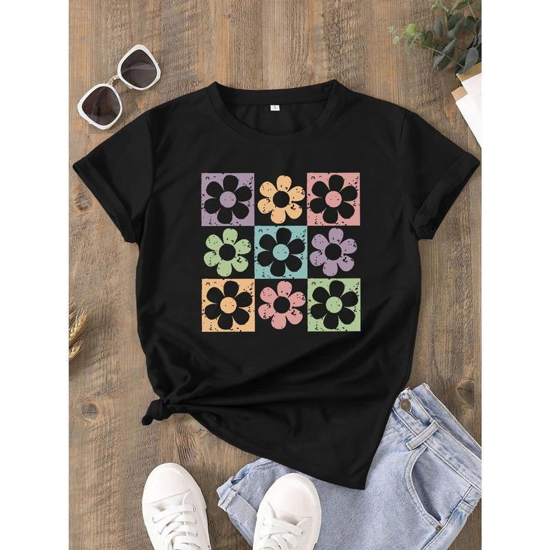 Short Sleeve Floral Print Crew Neck T-shirt, Casual Top For Summer & Spring, Women's Clothing style 02 Hoodie Sweatshirt