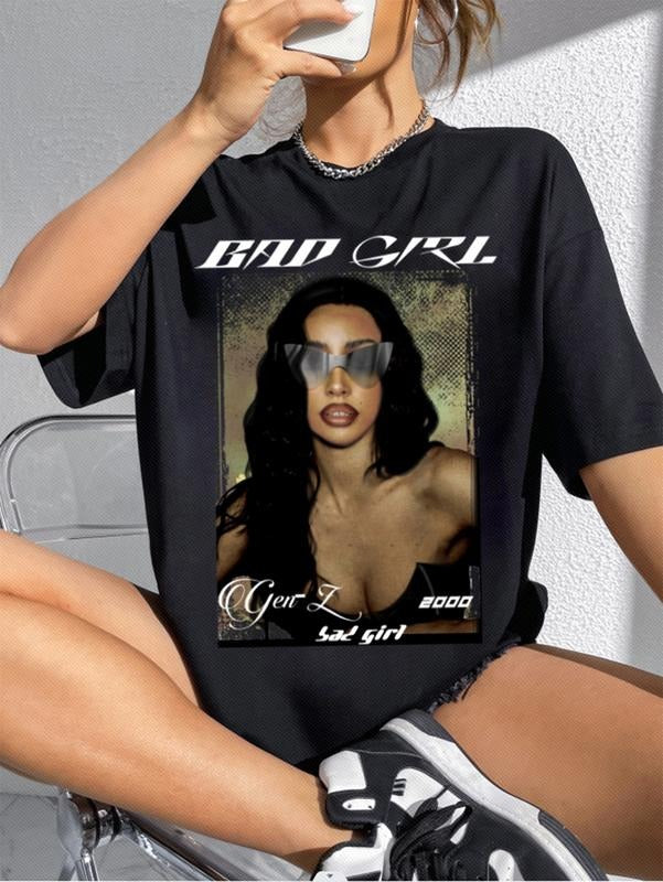 Short Sleeve Oversized Graphic Print T-Shirt Round Neck Drop Shoulder Casual Tee Top Hoodie, Sweatshirt | PrintMintTees.com