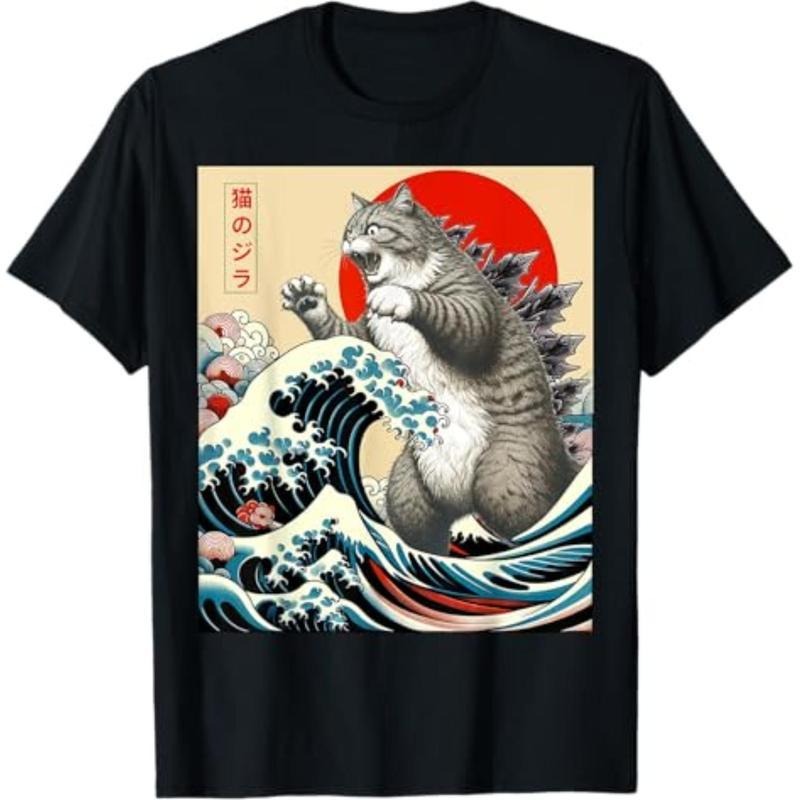 Short Sleeve Print Catzilla Cat Japanese Art Funny Cat Gifts For Men Women Kid T-Shirt Hoodie Sweatshirt | PrintMintTees.com