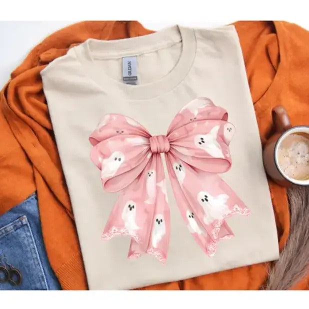 Short Sleeve Halloween Ghosts Bow Shirt Hoodie Sweatshirt