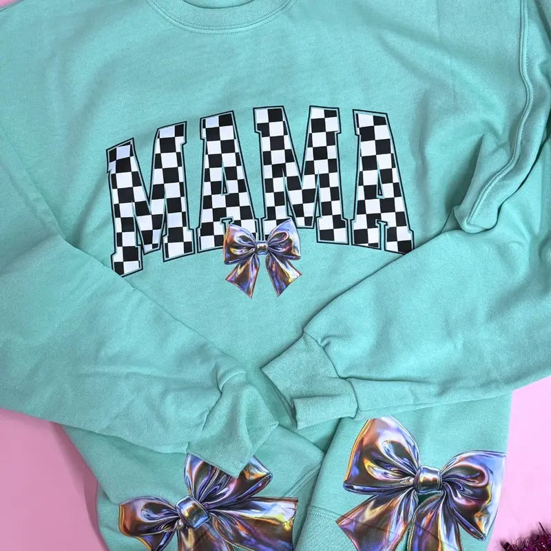 Side Bows ARCHED CHECKERED MAMA WITH BOW Unisex NuBlend Crew Sweatshirt MAMA Trendy Fleece Print Cotton Tops Shirt Hoodie