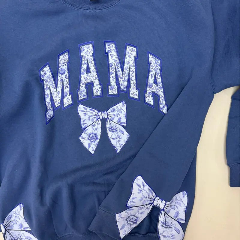 Side Bows Arched Mama Blue Chinoiserie   Unisex NuBlend Crew Sweatshirt mama Shirt Hoodie | PrintMintTees.com