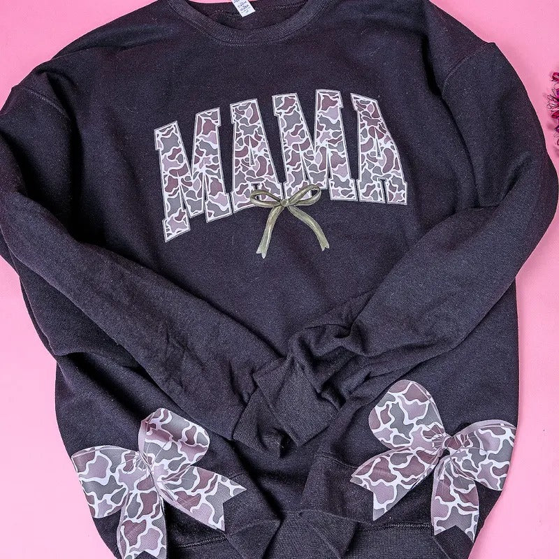 Side Bows Old Camo Mama Unisex NuBlend Crew Sweatshirt Mama Bows Girly Shirt Hoodie | PrintMintTees.com