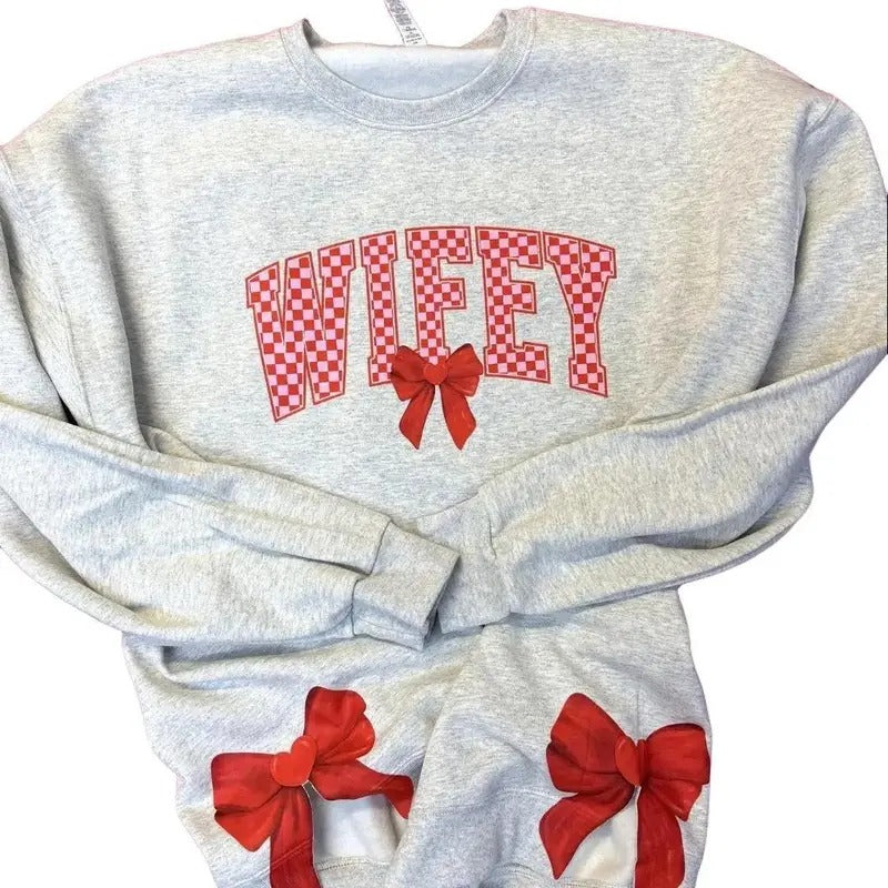 Side Bows SWEET HEARTS FOR WIFEY Unisex NuBlend Crew Sweatshirt WIFE Trendy Fleece Shirt Hoodie | PrintMintTees.com