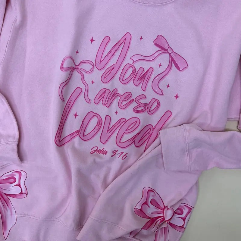 Side Bows Script So Loved Unisex NuBlend Crew Sweatshirt VALENTINES 2025 Shirt Hoodie | PrintMintTees.com