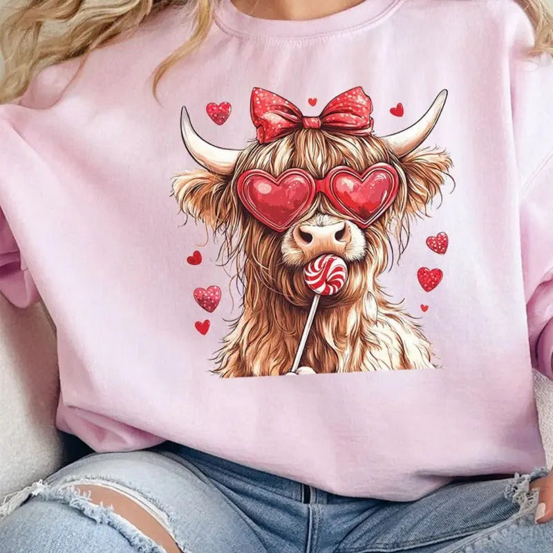 Side Bows Sucker For Love Unisex NuBlend Crew Sweatshirt Valentine Highland Cow Shirt Hoodie | PrintMintTees.com