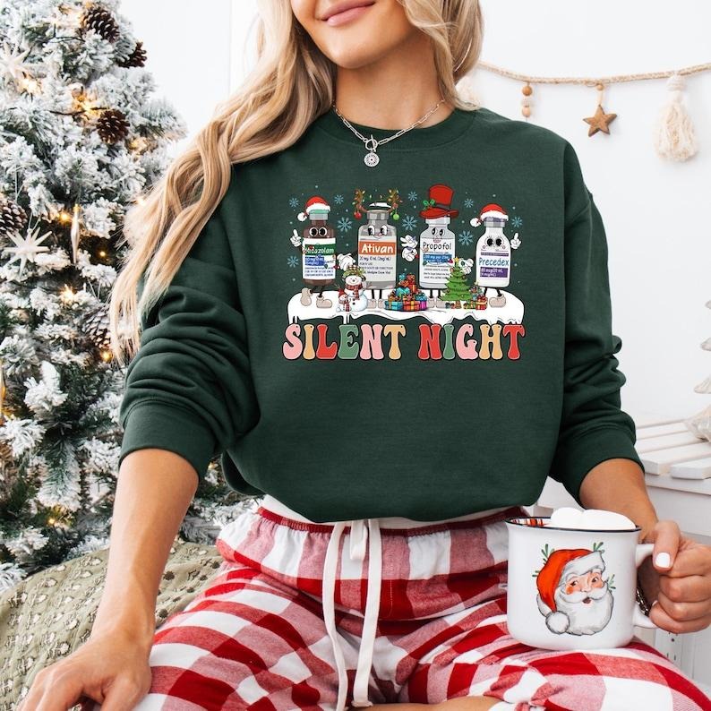 Silent Night Nurse Christmas Sweatshirt, Medical Nurse Shirt, Santa's Favorite Nurse T-shirt, ICU ER Rn Nurse Tee, Xmas...