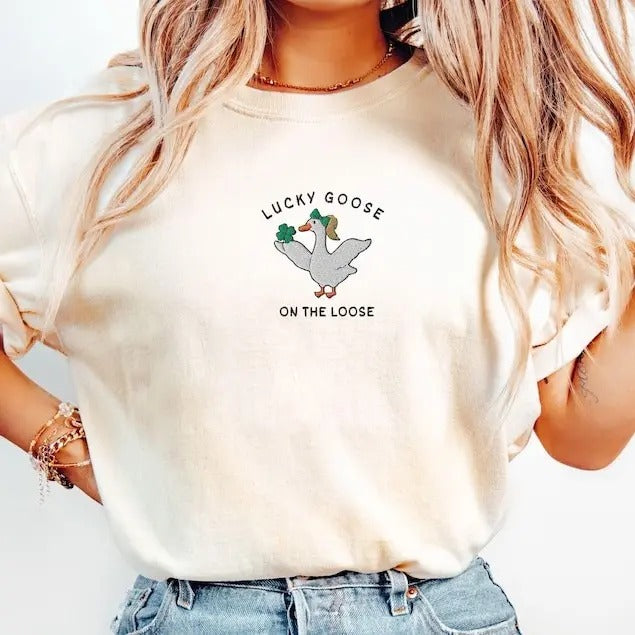 Silly Goose Lucky Tshirt St Patricks Day Shirt, Shamrock Shirt, Four Leaf Clover Cute Patricks Day Shirt,Meme Funny Irish...