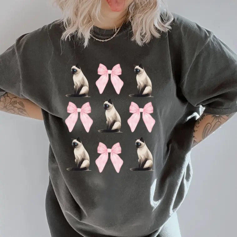 Simease Cat with bows Shirt ~ Unisex Apparel Relaxed Fit Printed In The USA Clothing Womenswear Casual Comfort Cotton Top...