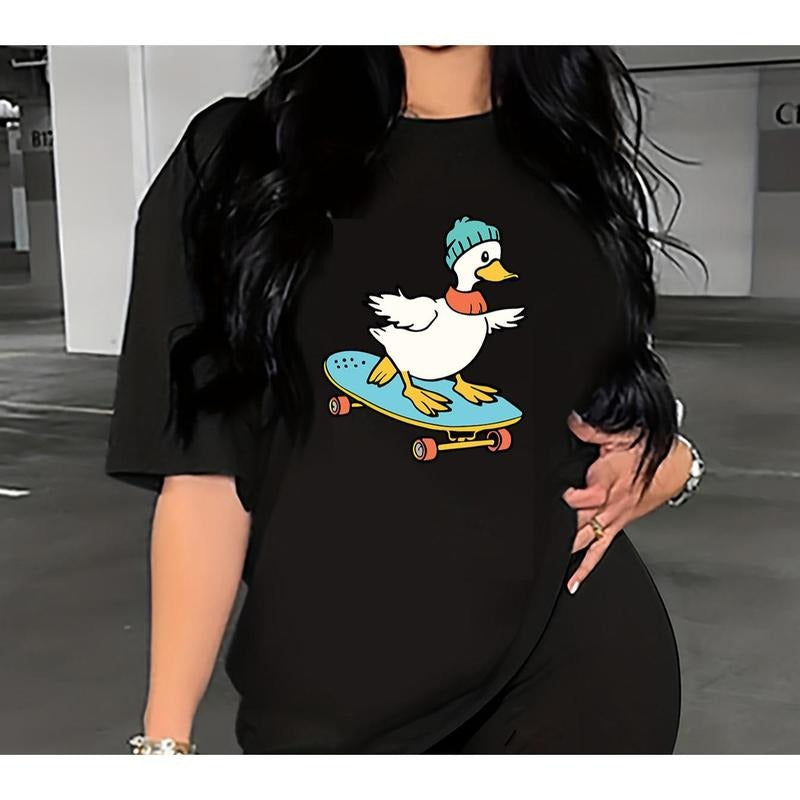 ' Skateboarding Little Duck Skateboarding Enthusiasts 'Print Bicycle Shorts Set in Plus Size, Short Sleeved Round Neck T-shirt and Bicycle Shorts, Women's Plus Size Clothing