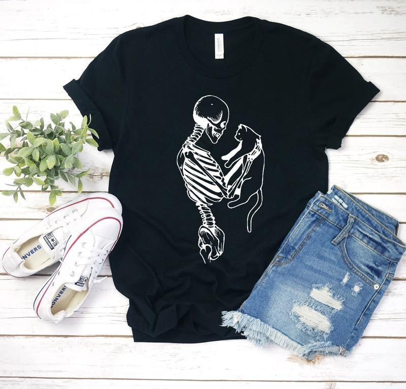 Skeleton And Cat Shirt Gifts For Cat Lovers Shirt Cat Lady Gift Hoodie Sweatshirt | PrintMintTees.com
