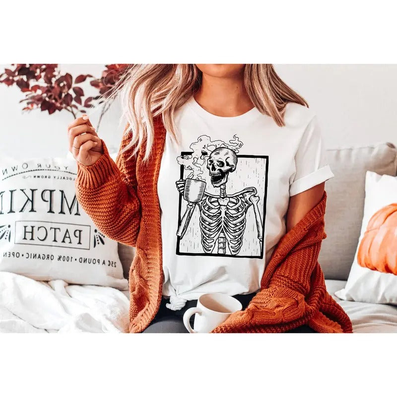 Skeleton Coffee Shirt Halloween Skeleton Shirt Fall Coffee Tshirt Skeleton Tee Halloween Coffee Shirt Spooky Season Shirt...