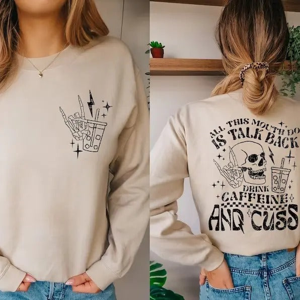Skeleton Coffee Sweatshirt, Retro Halloween Sweater, Skull Caffeine Shirt, Skeleton Hand Halloween Hoodie | PrintMintTees.com