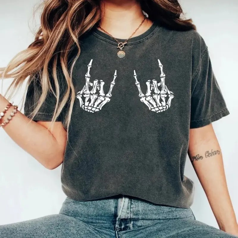 Skeleton Hands Rock On Shirt, Funny Shirt,  Halloween Oversized tee Hoodie Sweatshirt | PrintMintTees.com