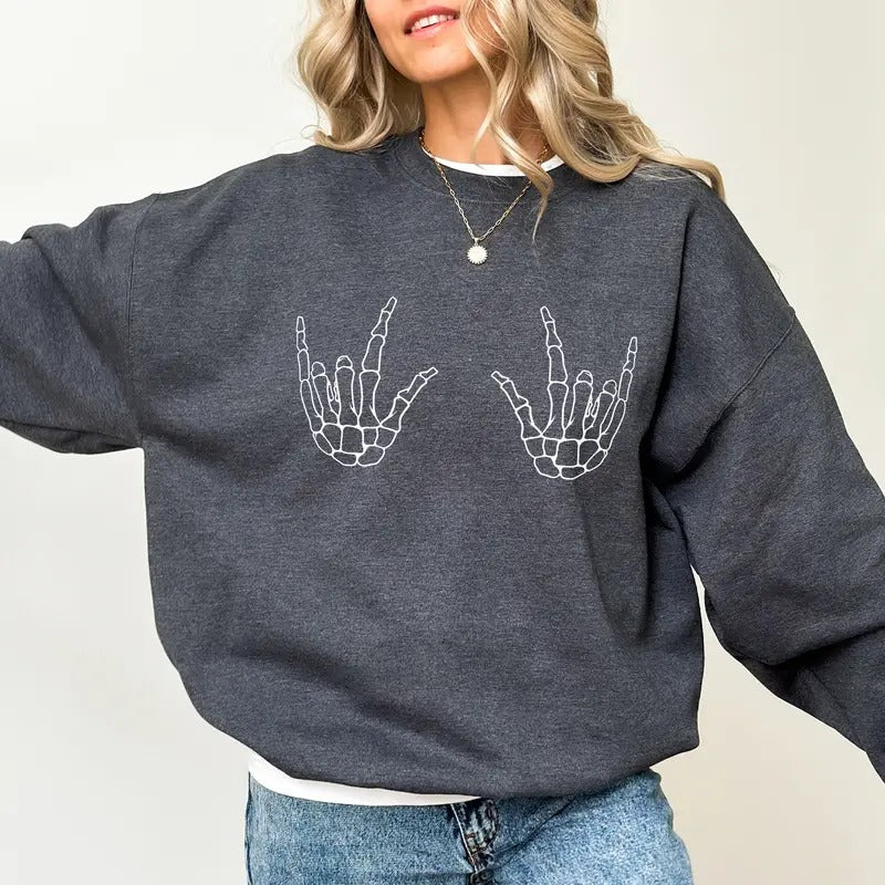 Skeleton Hands Rock Rock Skeleton Hands Funny Spooky Season Halloween Long Sleeve Halloween Shirt Spooky Day Womenswear Soft Cozy Fabric T-Shirts, Hoodie, Sweatshirt