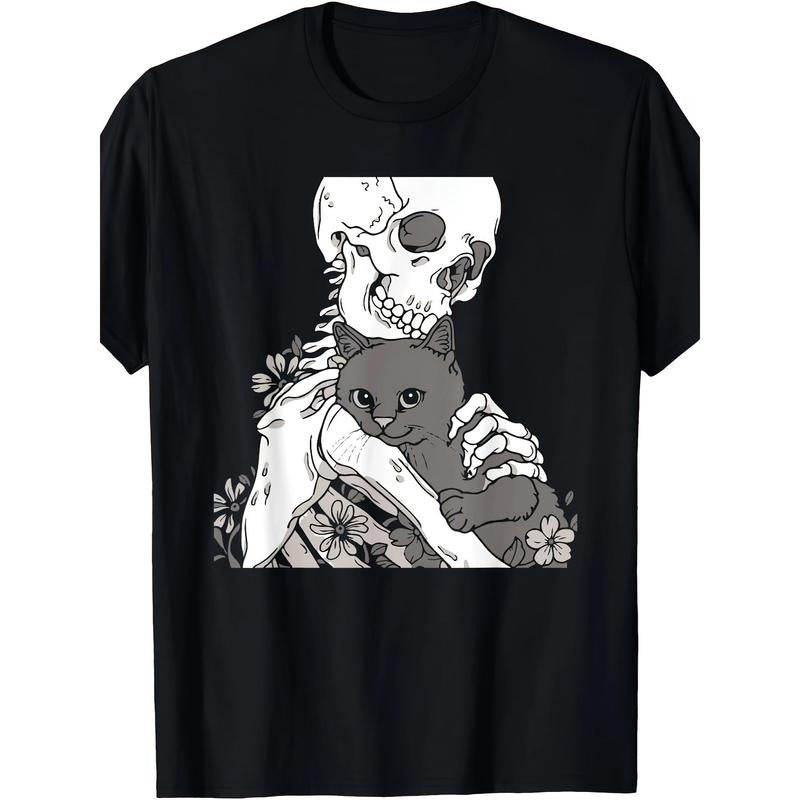 Skeleton Holding A Cat Shirt Lazy Halloween Costume Skull T-Shirt 220g 10000 Links made in usa Hoodie Sweatshirt
