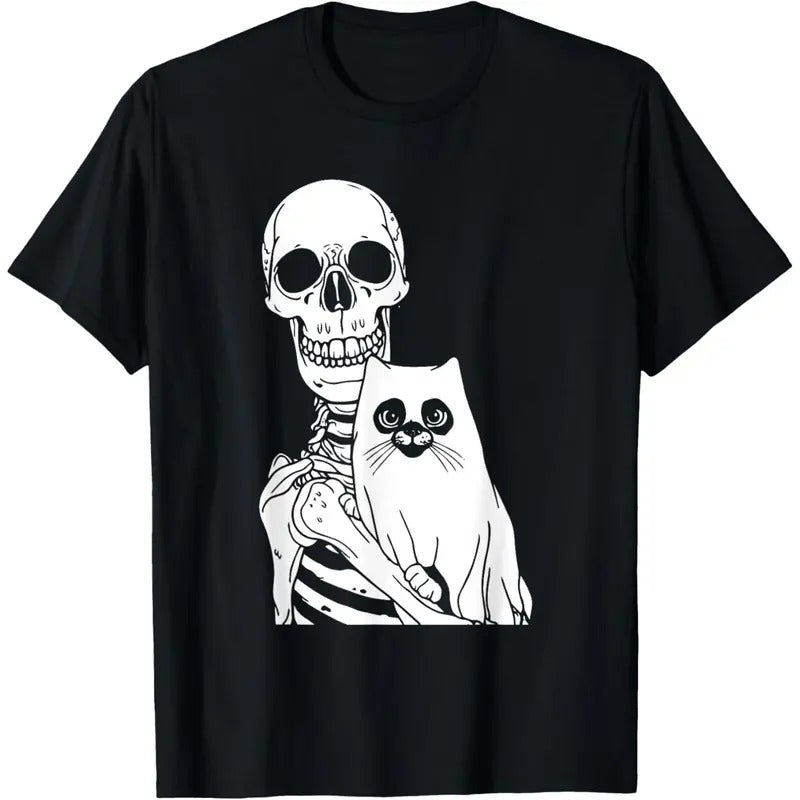 Skeleton Holding Cat Lazy Halloween Costume Skull Kitten T-Shirt made in usa Hoodie Sweatshirt | PrintMintTees.com