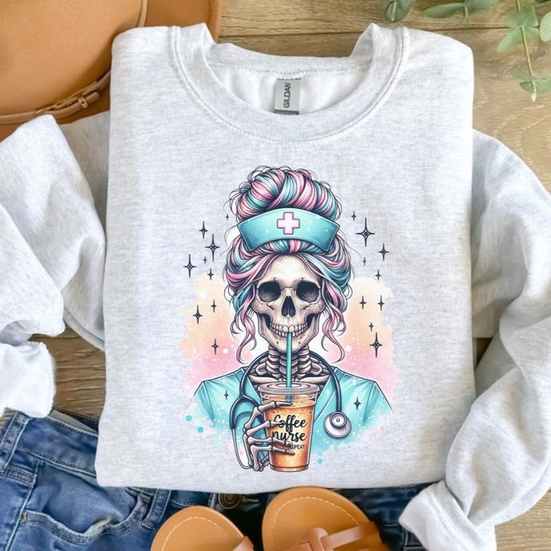 Skeleton Nurse Coffee Sweatshirt, Funny Nurse Life Shirt, Skull Medical Crewneck, Iced Coffee Lover Nurse Sweater, Unisex...