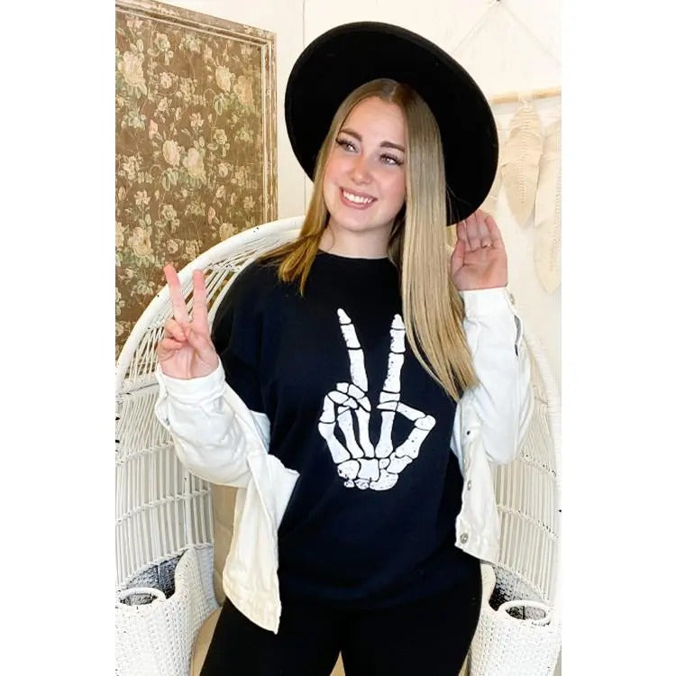 Skeleton Peace Halloween Sweatshirt | Spooky & Trendy Halloween Apparel Shirt Hoodie | PrintMintTees.com