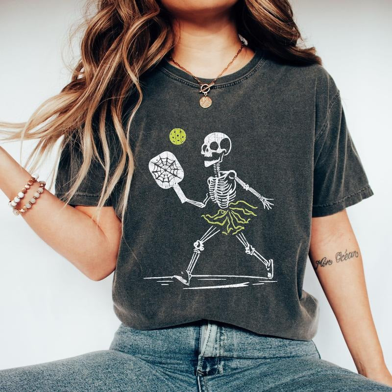 Skeleton Pickleball, Funny, Retro, Aesthetic, Vintage, Comfort Colors Tshirt, Women's Crew Neck, Crewneck Hoodie Sweatshirt