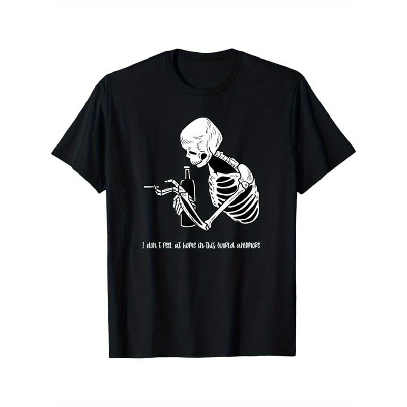 Skeleton Print Men's Cotton T-shirt, Graphic Tee Men's Outdoor Clothes, Men's Halloween Clothing, Casual Short Sleeve...