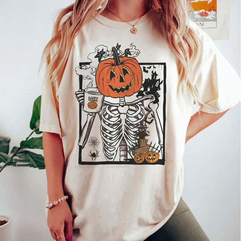 Skeleton Pumpkin Shirt, Skeleton Halloween Coffee Shirt, Skeleton Pumpkin Halloween Sweatshirt, Halloween Fall Sweater,...