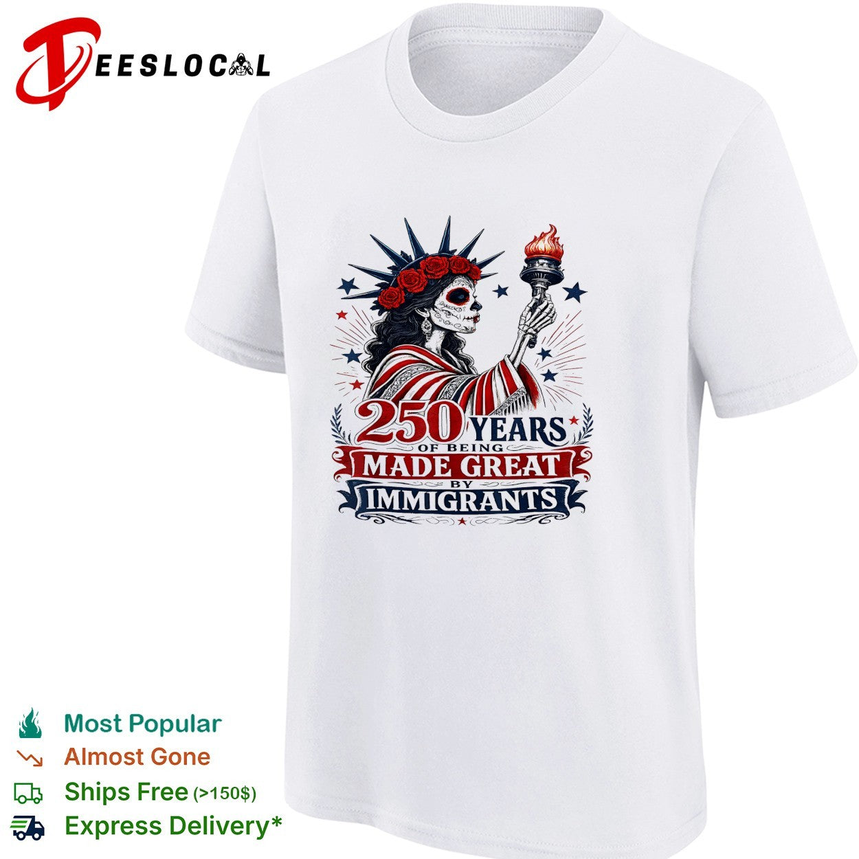 Skeleton Statue of Liberty holding torch made great by immigrants shirt