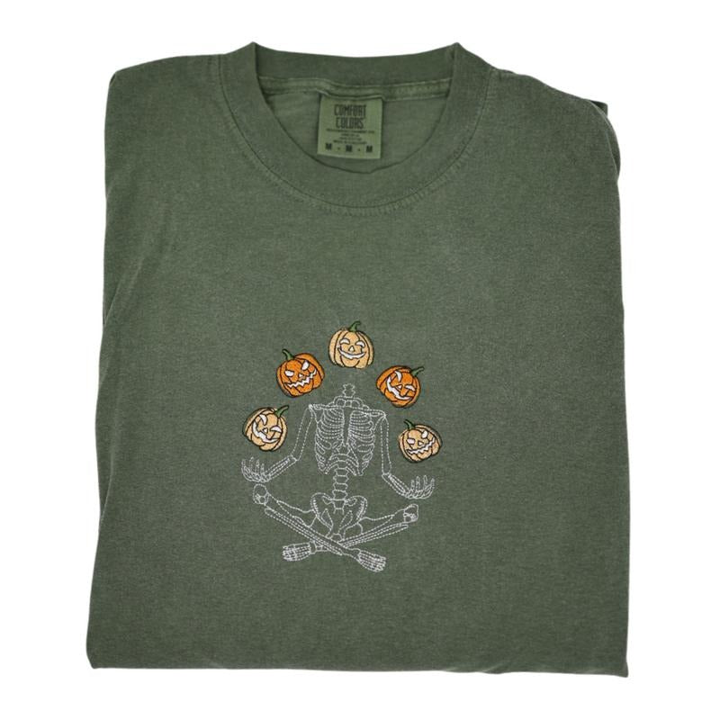 Skeleton Throwing Pumpkin Embroidered Long Sleeve T-Shirt Cotton Classic Top Hoodie, Sweatshirt | PrintMintTees.com