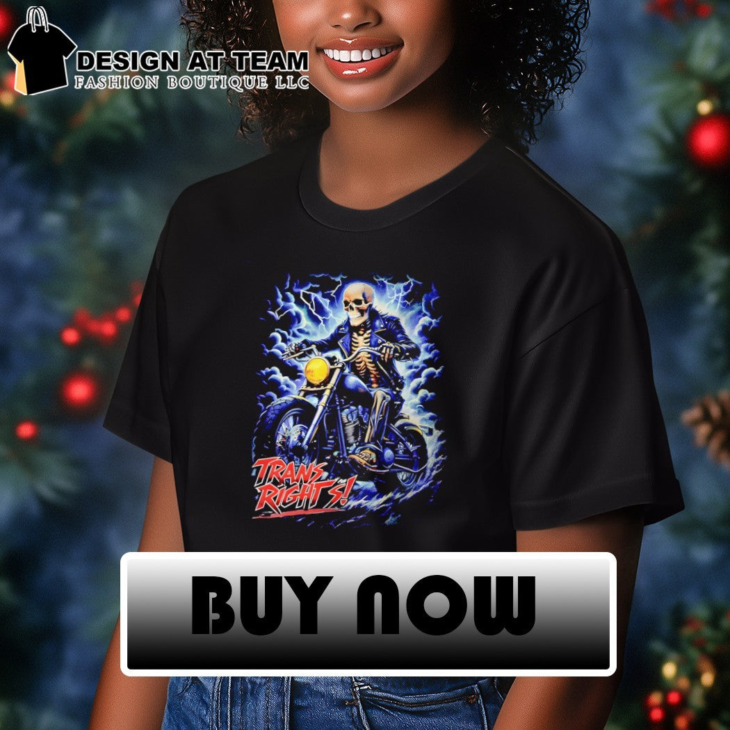 Skeleton biker riding motorcycle with storm Trans Rights shirt