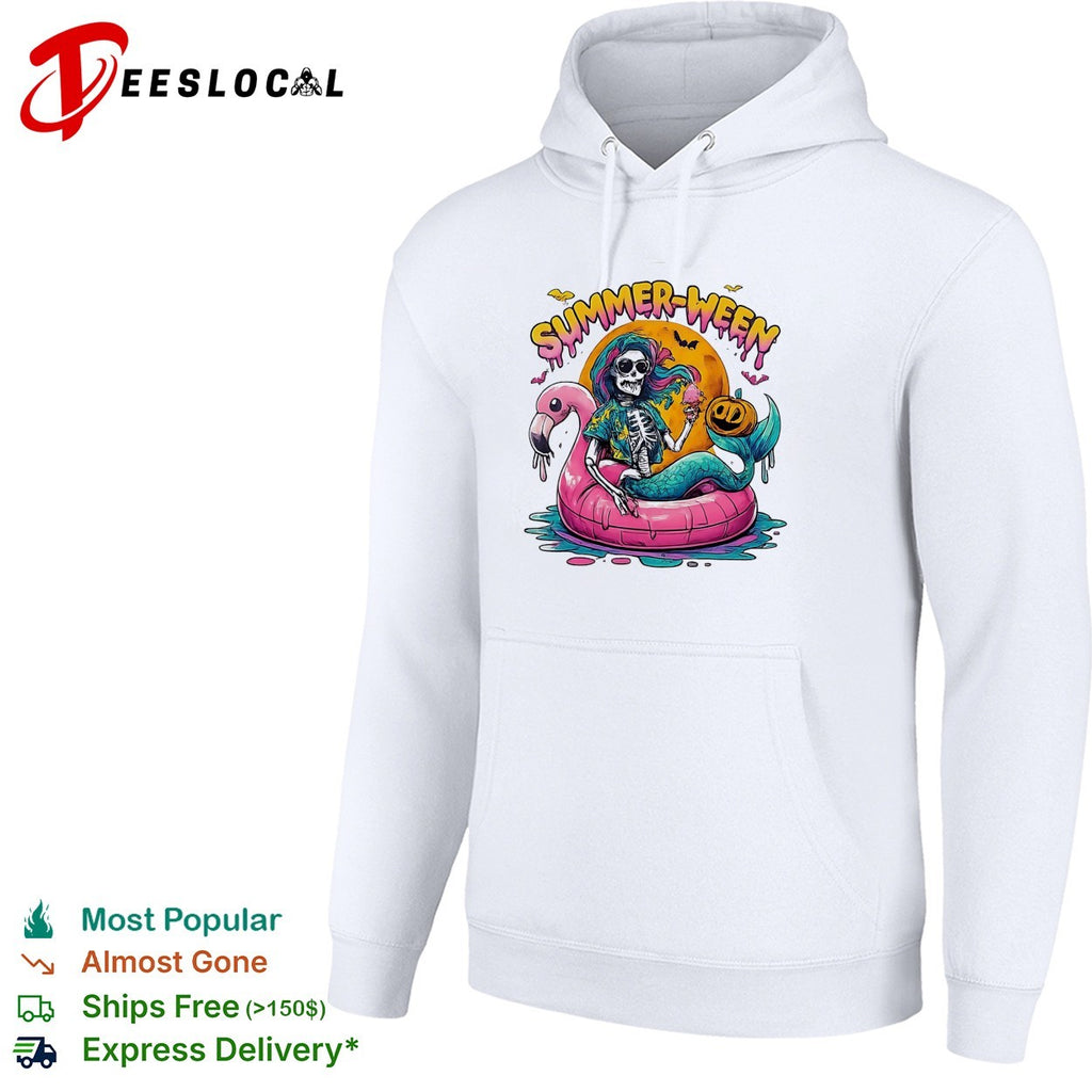Skeleton riding pink flamingo float summerween shirt