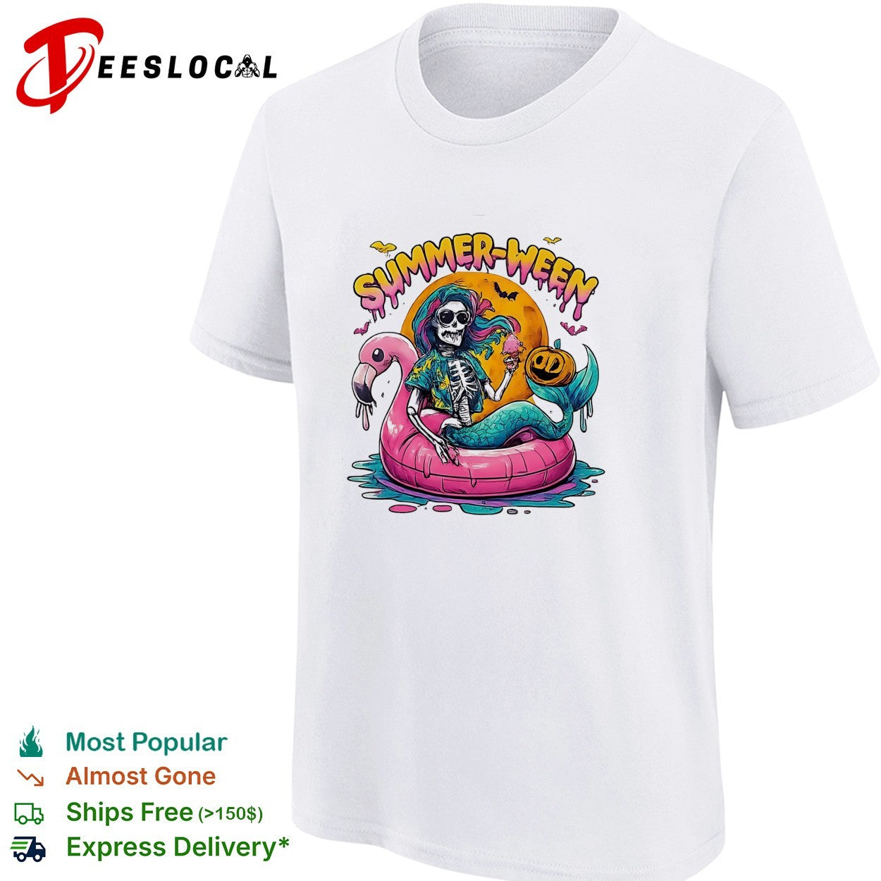 Skeleton riding pink flamingo float summerween shirt