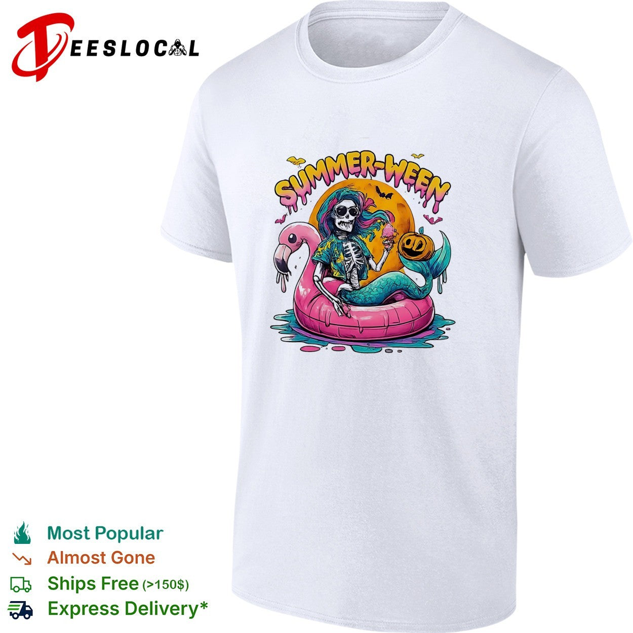 Skeleton riding pink flamingo float summerween shirt