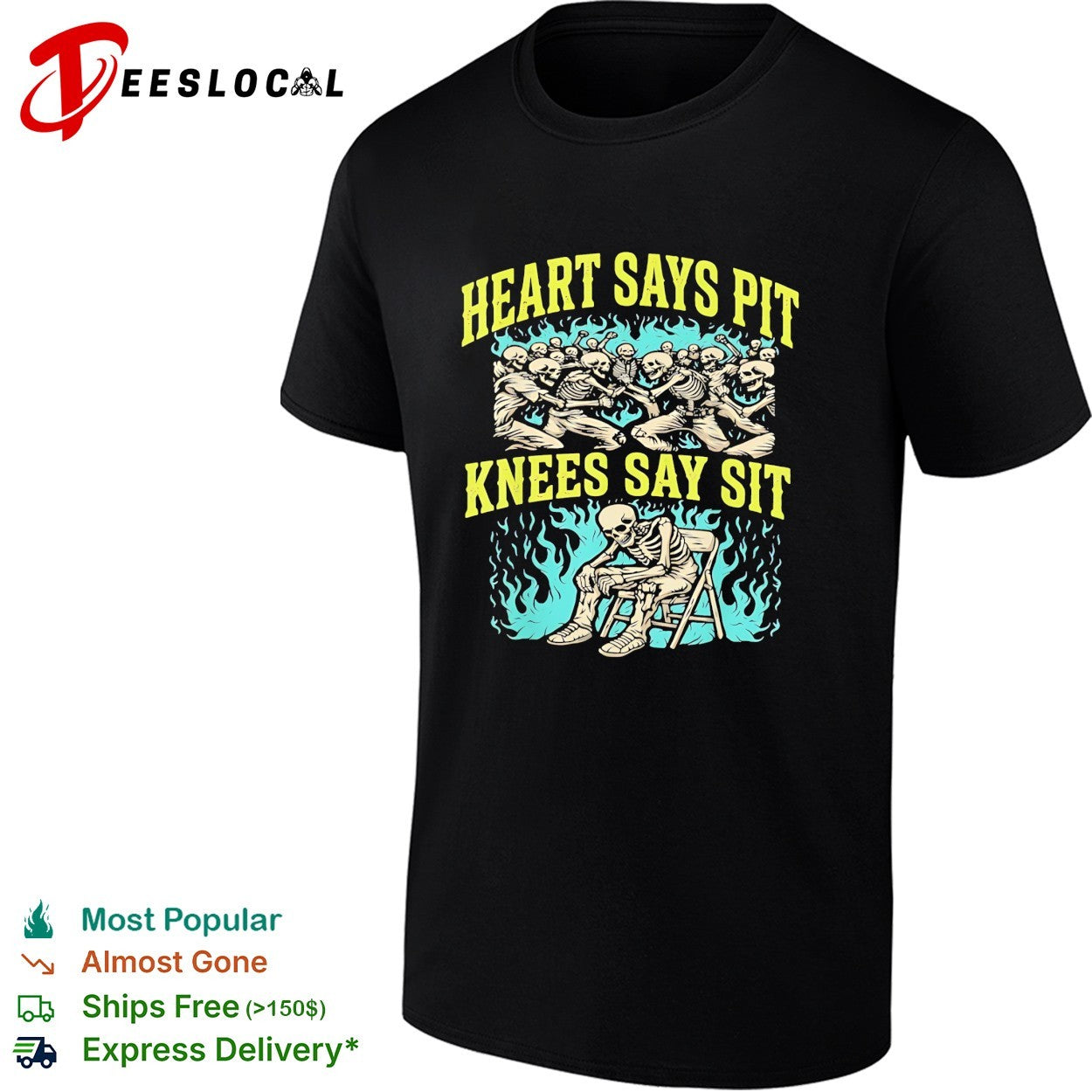 Skeletons moshing heart says pit knees say sit shirt