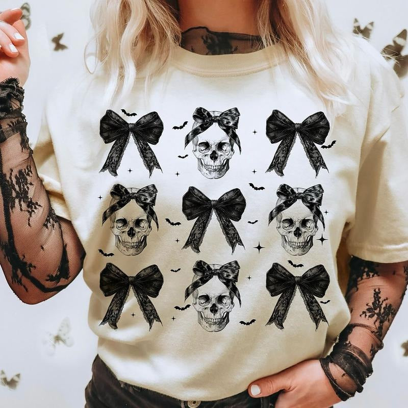 Skull Coquette Bow Shirt, Halloween Coquette Sweatshirt, Skeleton Halloween Sweater, Coquette Skeleton Shirt, Spooky...