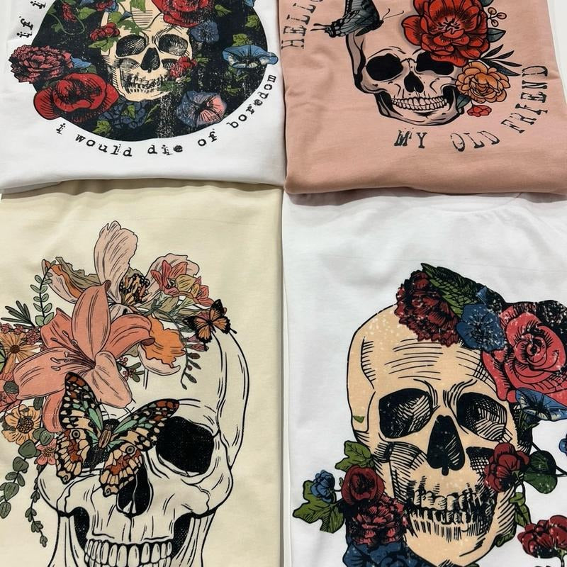 Skull Tshirts Painted Skull Tees Painted Floral Skull Tops Floral Skull  T-Shirts Womens Floral Skulls Tops Skeleton...