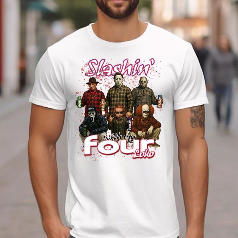 Slashin With My Four Loko Shirt, Horror Characters Shirt, Energy Drink Tee, Halloween Graphic Tee Hoodie Sweatshirt