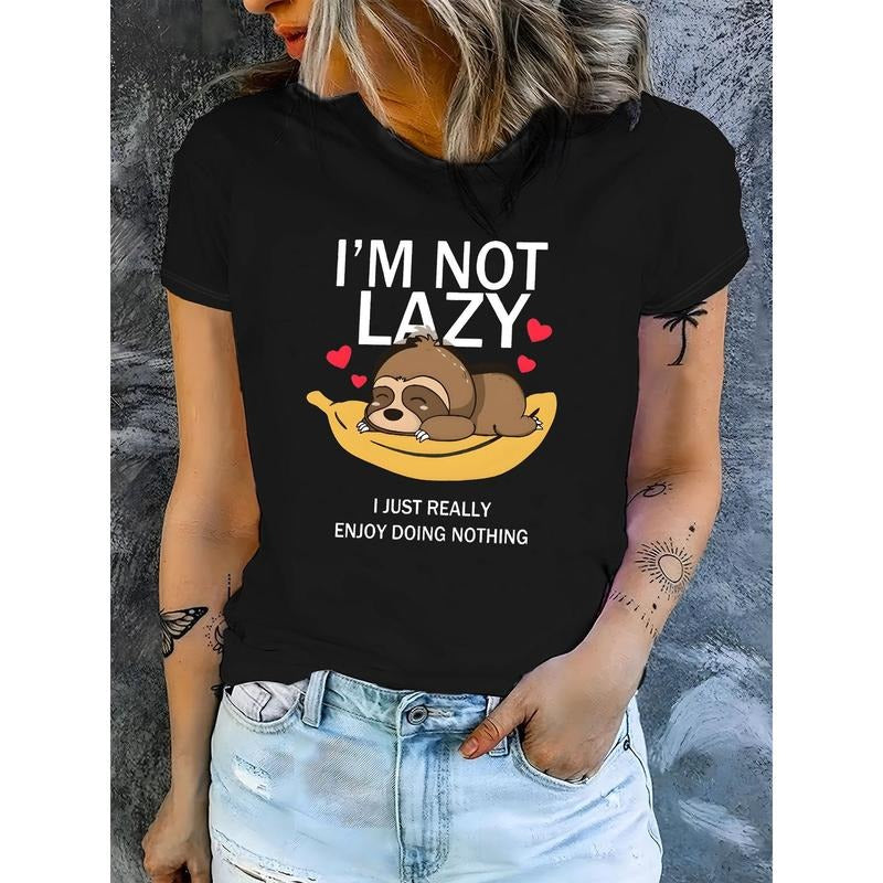 Sloth Print T-shirt, Short Sleeve Crew Neck Casual Top For Summer & Spring, Women's Clothing style 02 Hoodie Sweatshirt