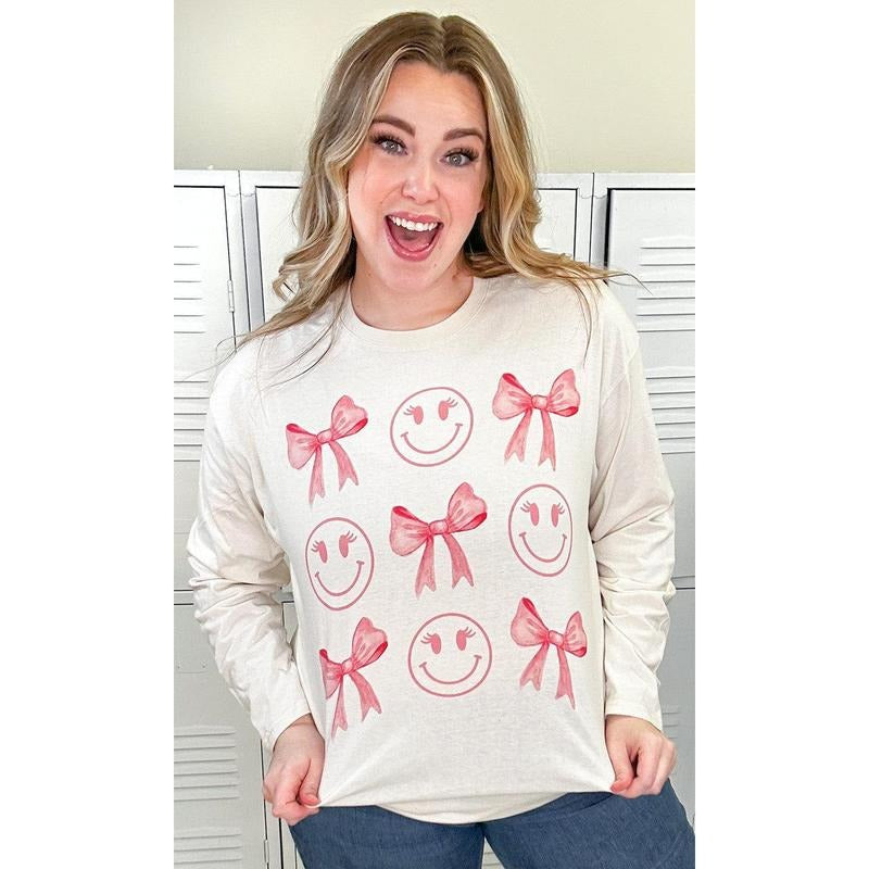 Smiley Bow Long Sleeve Graphic T-Shirt Hoodie Sweatshirt | PrintMintTees.com