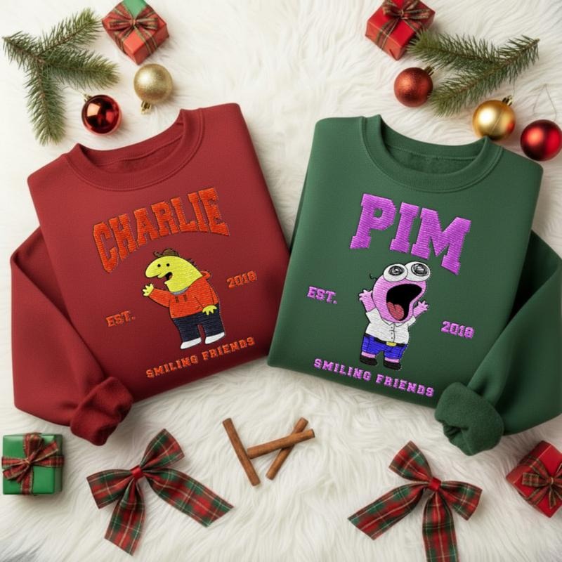 Smiling Friends Embroidered Sweatshirt, Gift For Friends, Embroidered Christmas 2025 Shirt, Hoodie | PrintMintTees.com