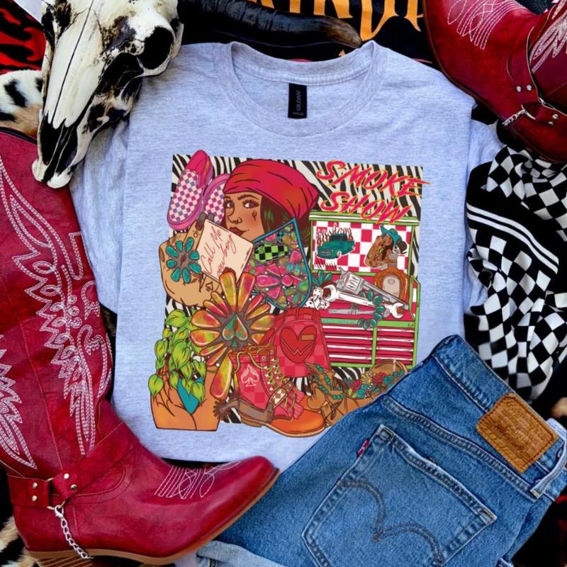 Smoke Show Patchwork collage shirt, vintage western graphic tees, western outfits women, women's graphic tees, western...