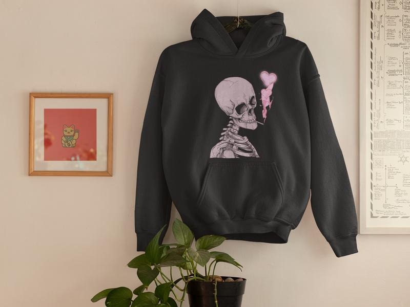 Smoking Skeleton Grunge Streetwear Fleece Skull Print Soft Cotton Menswear Tops Womenswear Heart Long Sleeve Shirt Casual Y2K Heavyweight T-Shirts, Hoodie, Sweatshirt