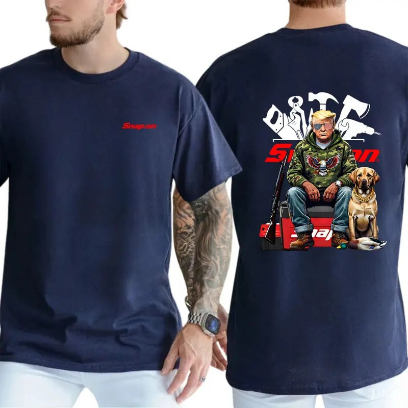 Snap-on T-Shirt - Rugged Outdoor Design Showcasing Hunter with Rifle and Loyal Dog, Perfect for Hunting and Workshop...