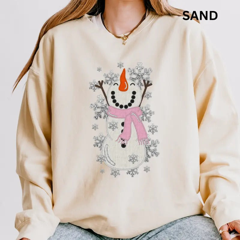 Snowman Sparkling christmas Christmas Winter Graphic Long Sleeve Casual Cotton Polyester Oversized sweatshirt