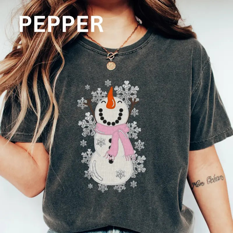 Snowman Sparkling christmas shirt Women's Oversized Christmas Shirt - Festive Printed Design