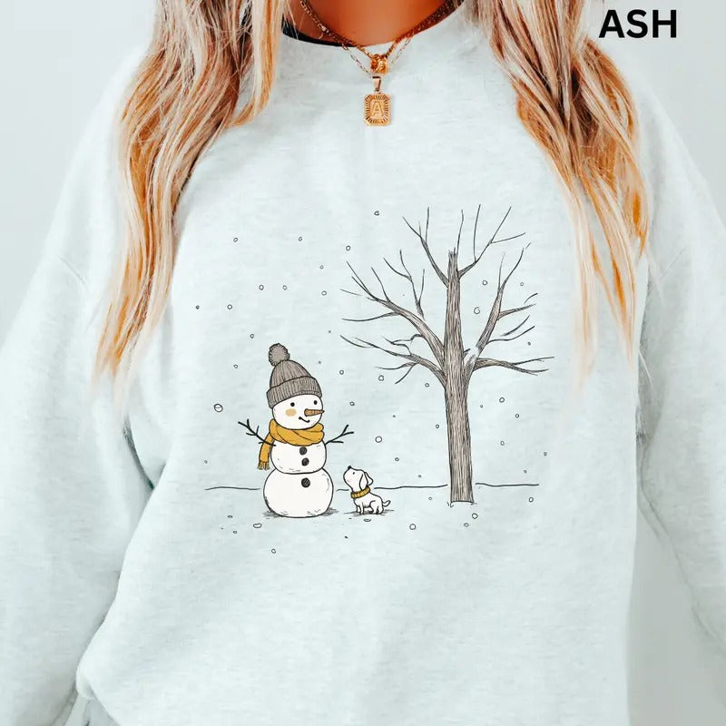 Snowman and dog Crewneck christmas Christmas Winter Graphic Long Sleeve Casual Cotton Polyester Oversized sweatshirt