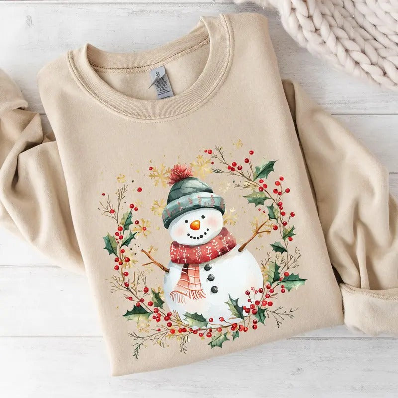 Snowman, Wreath, Christmas Botanical, Holly, Santa, Cute Sweatshirt, Crew Neck, Women's, Crewneck Shirt Hoodie